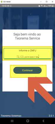 Tela do aplicativo Teorema Service com CNPJ preenchido e botão Continuar destacado por seta