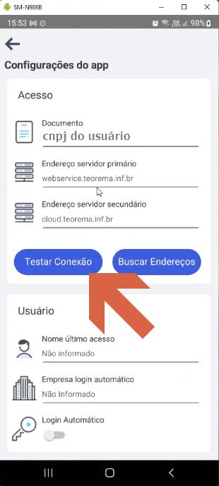 Tela Configurações do app com campos Documento (cnpj do usuário), Endereço servidor primário (webservice.teorema.inf.br), Endereço servidor secundário (cloud.teorema.inf.br) e botões Testar Conexão e Buscar Endereços