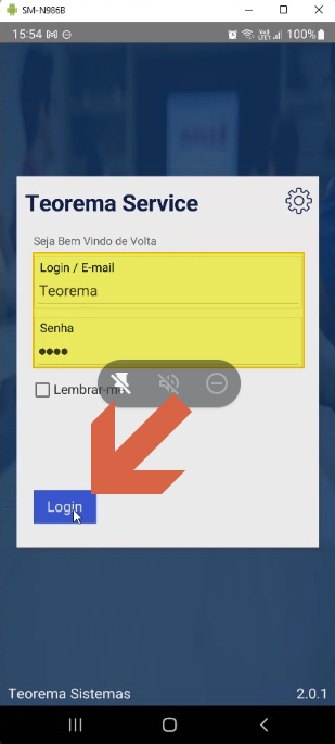 Tela de login do Teorema Service com campo Login / E-mail preenchido com "Teorema", campo Senha mascarado e botão Login indicado por seta