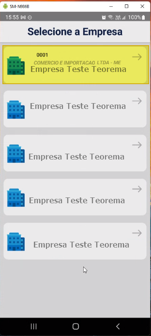 Tela "Selecione a Empresa" listando várias empresas "Empresa Teste Teorema"; a primeira (código 0001 — COMERCIO E IMPORTACAO LTDA - ME) está destacada