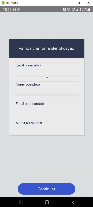 Tela "Vamos criar uma identificação" com campos Escolha um alias, Nome completo, Email para contato e Marca ou Modelo em branco