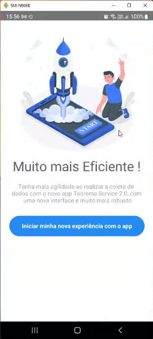 Tela do aplicativo Teorema Service 2.0 exibindo mensagem "Muito mais Eficiente!" com ilustração de foguete e botão "Iniciar minha nova experiência com o app"