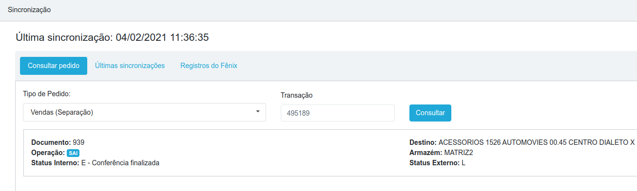 Aba Consultar pedido do menu Sincronização do WMS, com a consulta de um pedido do tipo Vendas (Separação) pela transação, exibindo documento, operação de saída, status interno E - Conferência finalizada e status externo L