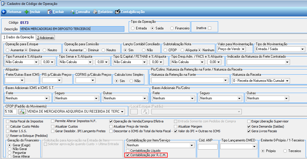 Tela Cadastro de Código de Operação, seção "Contabilização por Item/Serviço" com checkbox "Contabilização por R.C.M." marcado