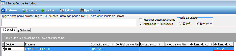 Tela Liberações de Períodos listando empresa 0001 — EMPRESA MODELO com coluna "Mv Itens Movto Fim" exibindo 31/03/2013