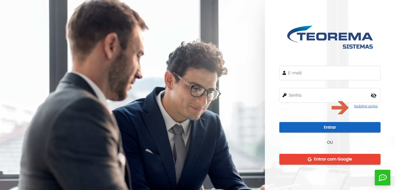 Tela de login do portal contas.teorema.inf.br com campos Email e Senha e opção Redefinir senha destacada