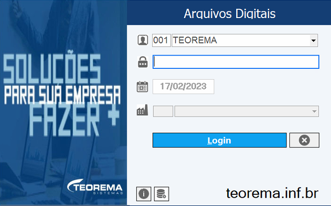 Tela de login do módulo Arquivos Digitais com campo de empresa "001 TEOREMA", campo de senha, data 17/02/2023 e botão Login