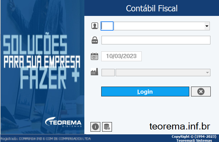 Tela de login do módulo Contábil Fiscal com campos de usuário, senha, data e empresa, botão Login
