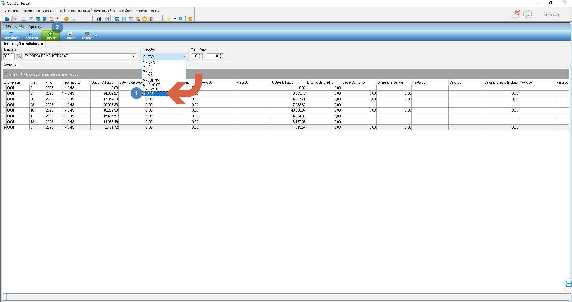 Tela Inf.Extras - Gia - Apuração com dropdown de Imposto expandido exibindo opções 1-ICMS, 2-IPI, 3-ISS, 4-PIS, 5-COFINS, 6-ICMS ST, 7-ICMS DIF e 9-FCP selecionado