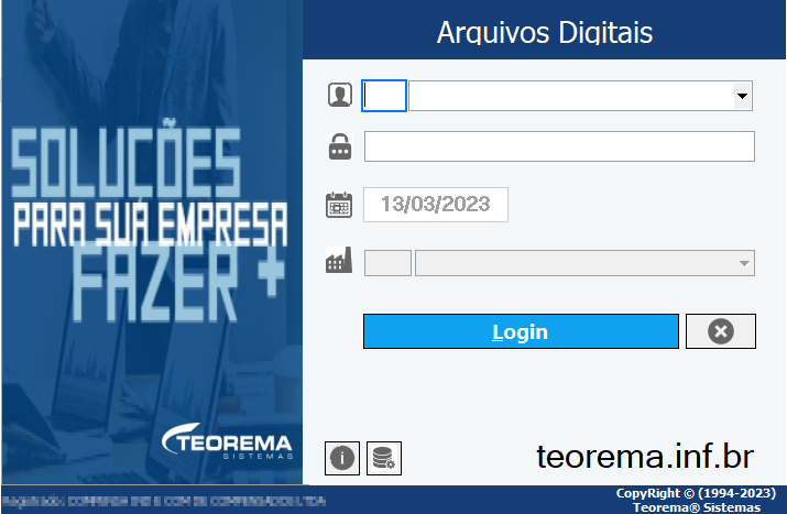 Tela de login do módulo Arquivos Digitais com campos de usuário, senha, data e empresa, botão Login