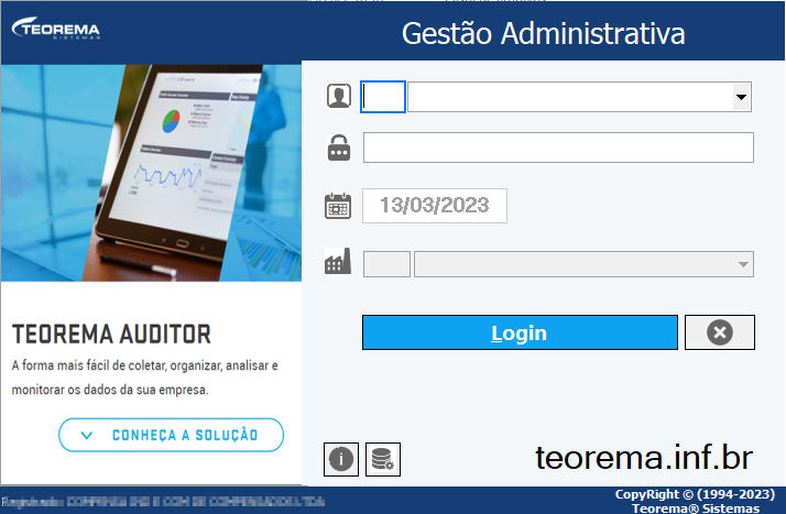 Tela de login do módulo Gestão Administrativa com campos de usuário, senha, data e empresa, botão Login