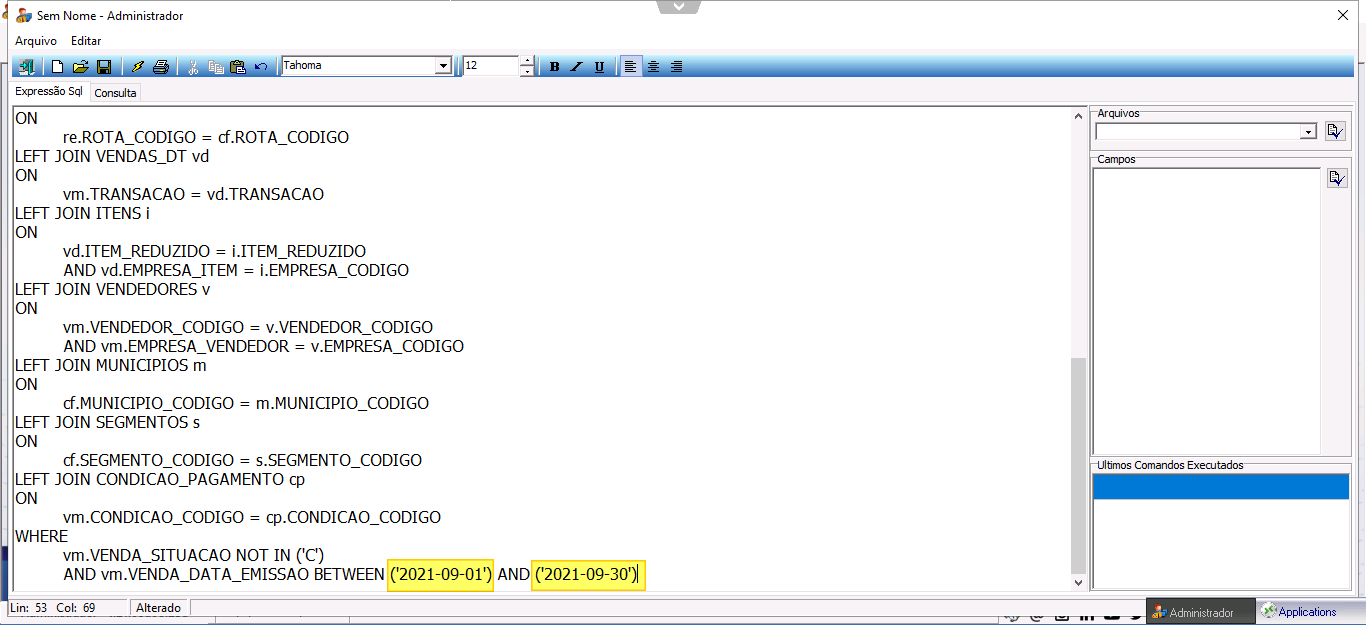 Aba Expressão Sql com código SQL exibindo cláusula WHERE; campos de data ('2021-09-01') e ('2021-09-30') destacados na linha vm.VENDA_DATA_EMISSAO BETWEEN