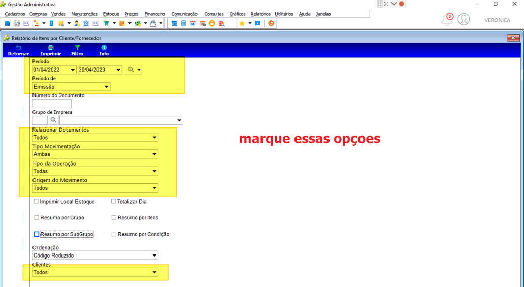 Tela Relatório de Itens por Cliente/Fornecedor com campos Período, Período de, Relacionar Documentos, Tipo Movimentação, Tipo da Operação, Origem do Movimento e Clientes preenchidos conforme instruções; opção Resumo por SubGrupo marcada