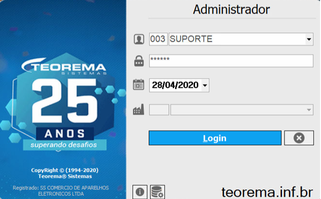 Tela de login do módulo Administrador com campos Empresa (003 SUPORTE), Senha e Data (28/04/2020), e botão Login