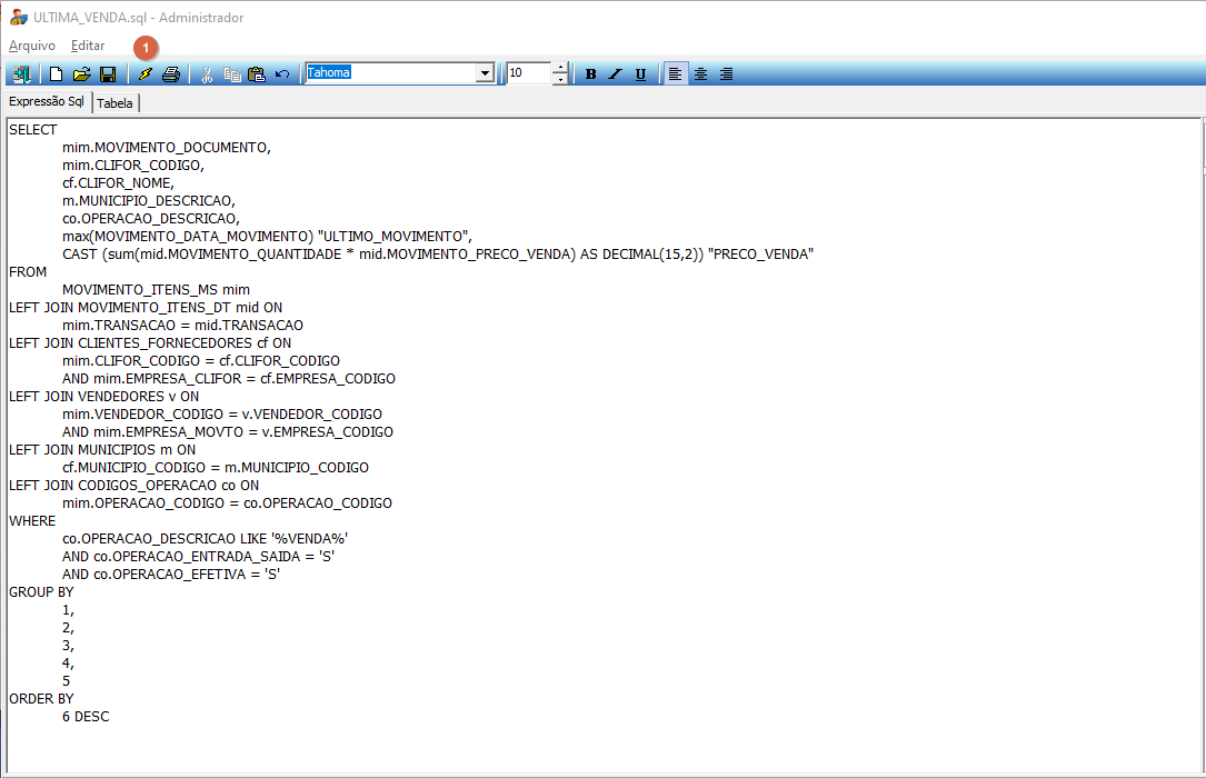 Editor SQL exibindo o código SQL completo do arquivo ULTIMA_VENDA.sql na aba Expressão Sql, com instrução SELECT envolvendo as tabelas MOVIMENTO_ITENS_MS, MOVIMENTO_ITENS_DT, CLIENTES_FORNECEDORES, VENDEDORES, MUNICIPIOS e CODIGOS_OPERACAO, e cláusulas WHERE filtrando operações de venda