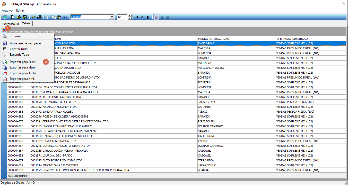 Aba Tabela do Editor SQL com o resultado da consulta (6321 registros) exibido em grade; menu de contexto aberto com as opções Imprimir, Armazenar e Recuperar, Contrai Tudo, Expande Tudo, Exportar para Excel (destacado), Exportar para Html, Exportar para Texto e Exportar para XML