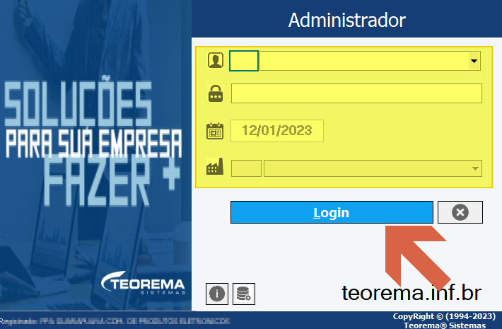 Tela de login do módulo Administrador com campos de usuário, senha, data (12/01/2023) e empresa, e botão Login
