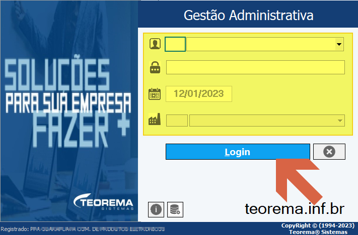 Tela de login do módulo Gestão Administrativa com campos de usuário, senha, data (12/01/2023) e empresa, e botão Login