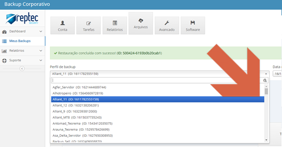 Campo "Perfil de backup" com lista suspensa expandida exibindo perfis: Agfer_Servidor, Alhotropeiro, Alliant_11 (selecionado/destacado), Alliant_12, Alliant_9, Alliant_MTB, Antomad_Teorema, Arauna_Teorema, Asa_Delta_Servidor, Backus_Sdi e outros