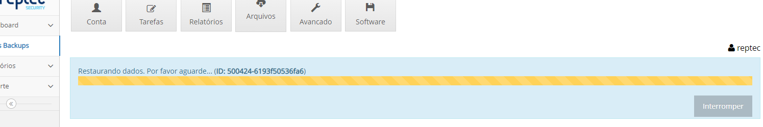 Mensagem "Restaurando dados. Por favor aguarde... (ID: 500424-6193f50536fa6)" com barra de progresso amarela; botão "Interromper" disponível