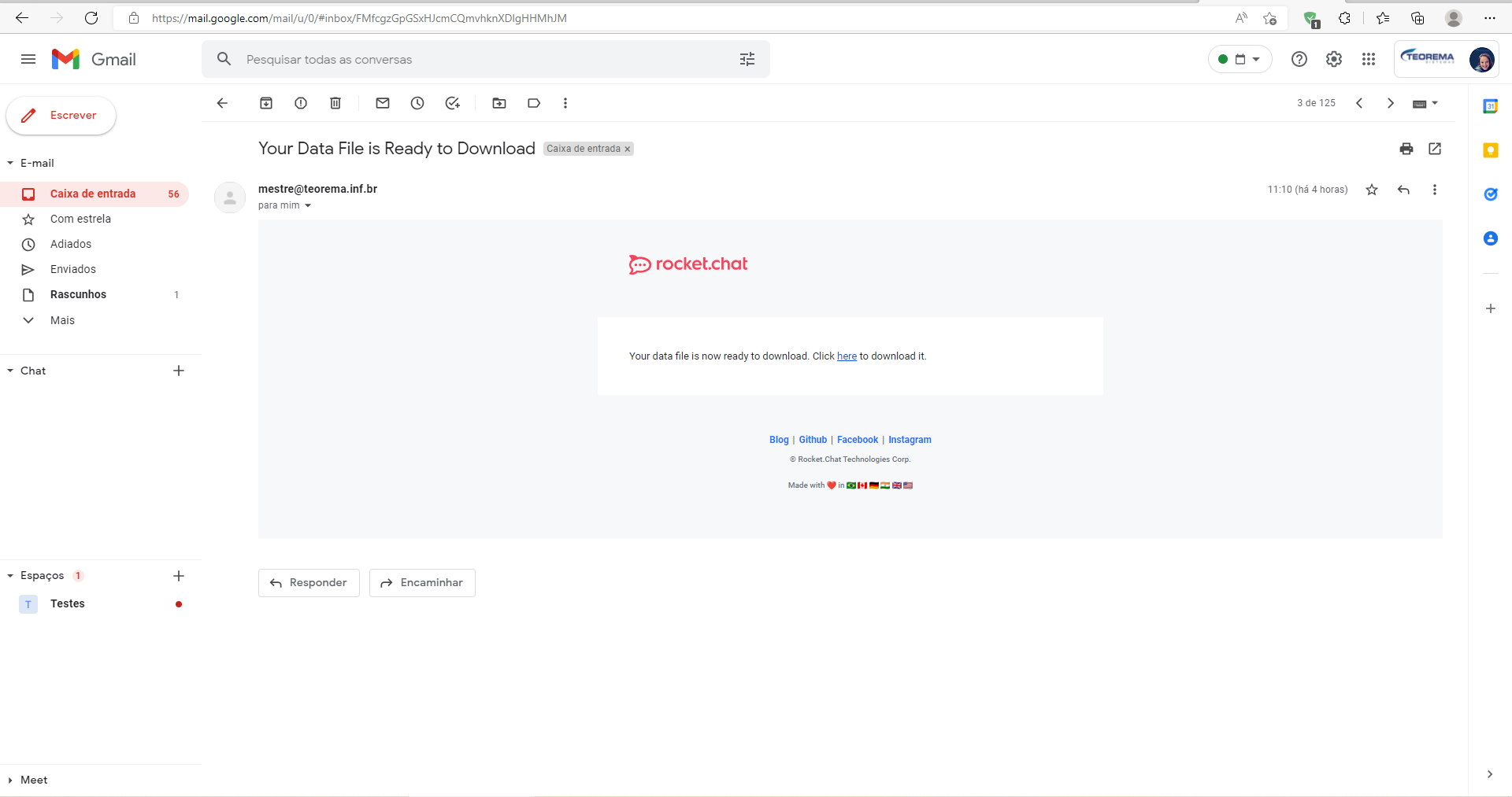 E-mail do Rocket.Chat na caixa de entrada do Gmail com assunto Your Data File is Ready to Download e mensagem Your data file is now ready to download com link de download