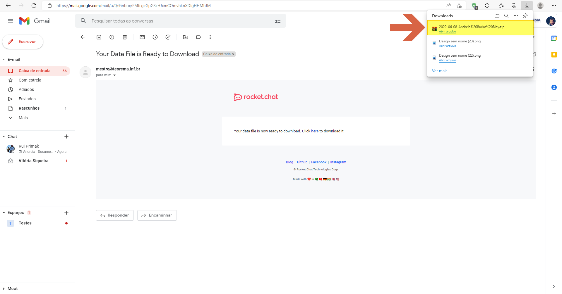 Painel de Downloads do navegador exibindo o arquivo 2022-06-08-Andreia%20Burko%20Bley.zip em destaque com opção Abrir arquivo