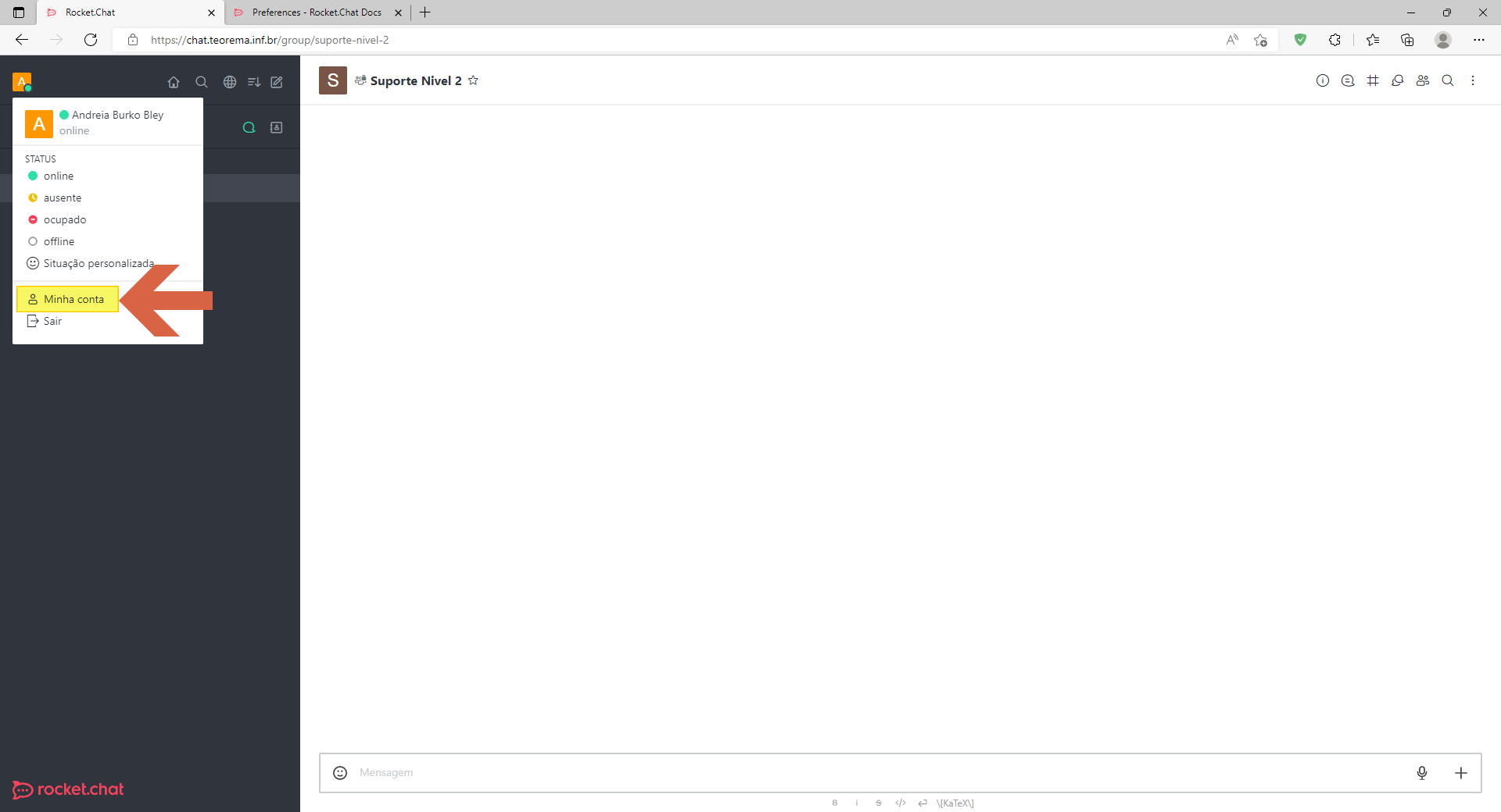 Menu de usuário do Rocket.Chat com opções de status (online, ausente, ocupado, offline, Situação personalizada) e opções Minha conta e Sair, com destaque na opção Minha conta