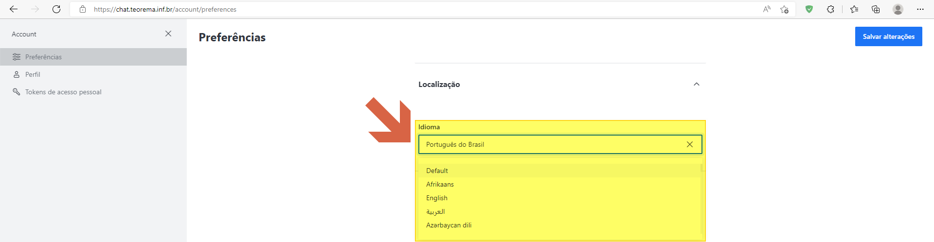Seção Localização das Preferências com dropdown Idioma aberto, exibindo as opções Default, Afrikaans, English, العربية e Azərbaycan dili, com Português do Brasil selecionado