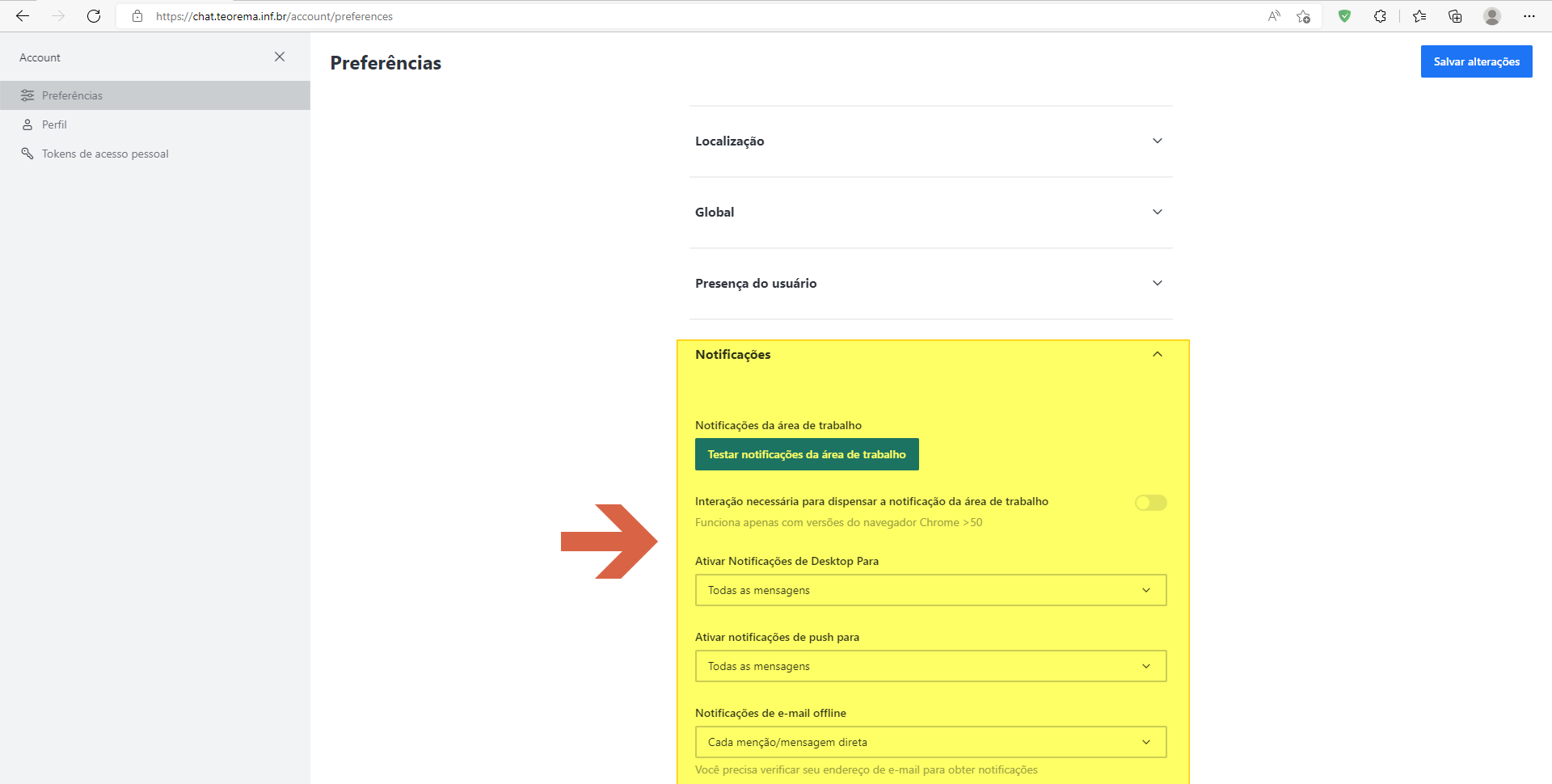 Seção Notificações das Preferências com botão Testar notificações da área de trabalho, toggle Interação necessária para dispensar notificação, dropdowns Ativar Notificações de Desktop Para (Todas as mensagens), Ativar notificações de push para (Todas as mensagens) e Notificações de e-mail offline (Cada menção/mensagem direta)