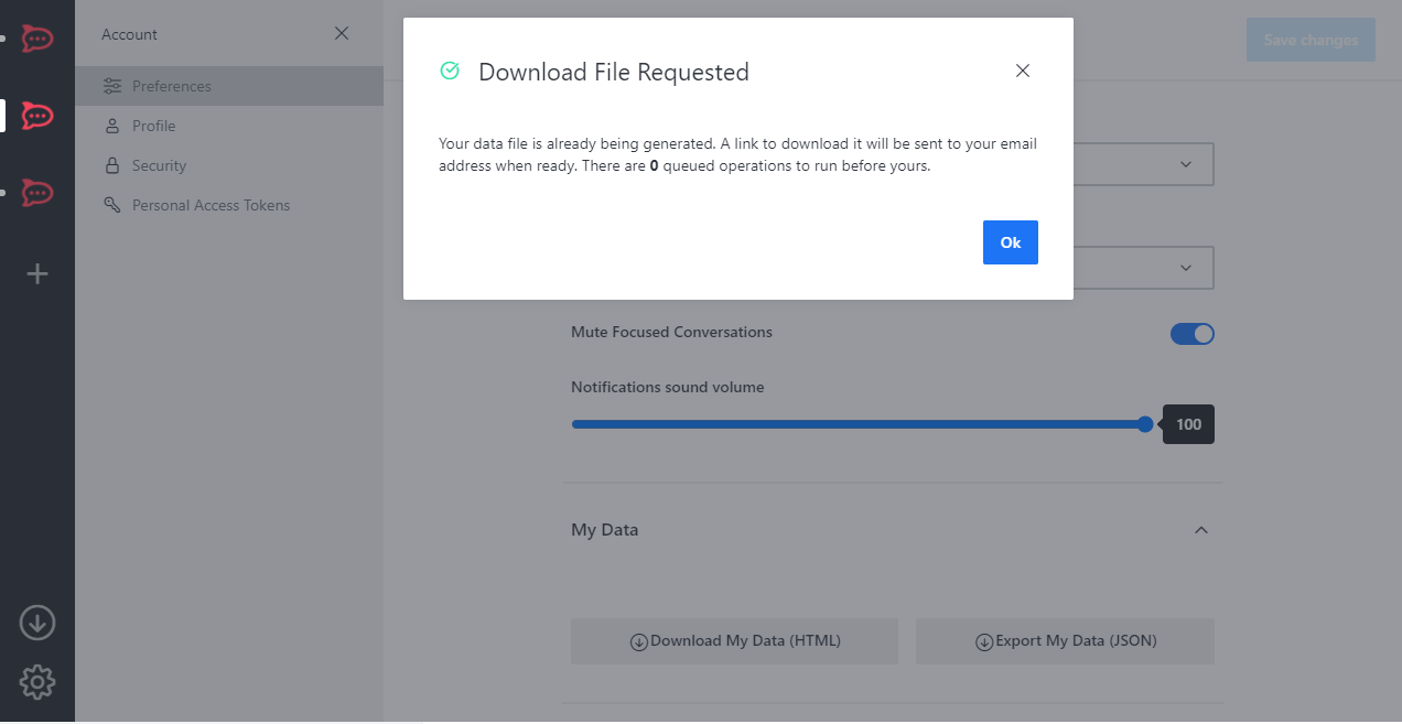 Modal Download File Requested informando que o arquivo está sendo gerado e um link será enviado por e-mail, com campo Your data file is already being generated e botão Ok