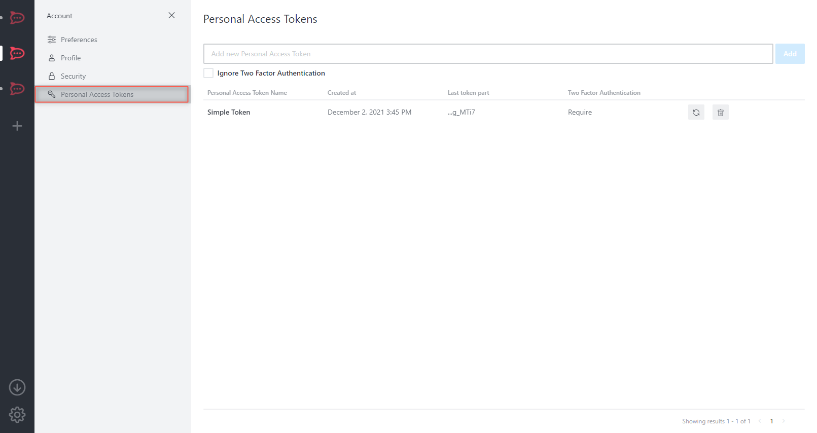 Tela Personal Access Tokens do Rocket.Chat com campo Add new Personal Access Token, checkbox Ignore Two Factor Authentication, tabela com colunas Personal Access Token Name, Created at, Last token part, Two Factor Authentication e registro Simple Token criado em December 2, 2021 3:45 PM com último fragmento …g_MTi7