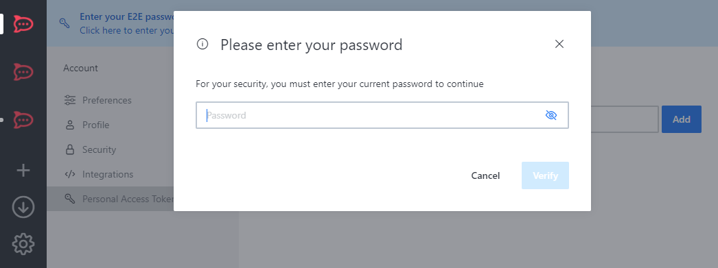 Modal Please enter your password solicitando a senha atual para continuar, com campo Password e botões Cancel e Verify