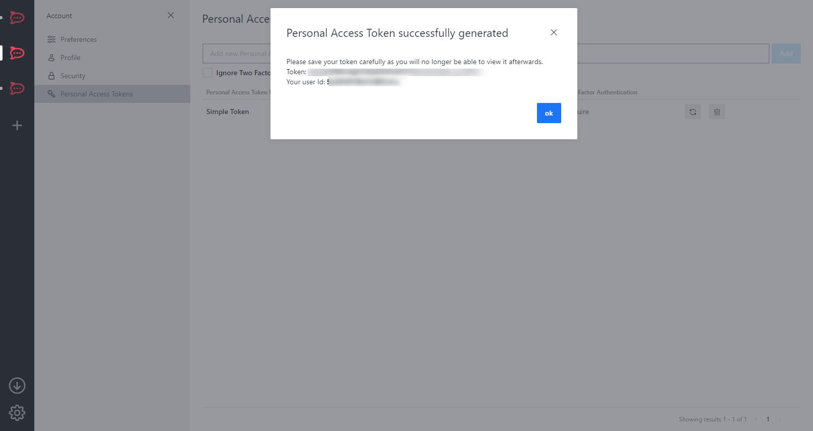Modal Personal Access Token successfully generated informando para salvar o token, com campos Token e Your user Id com valores censurados e botão ok