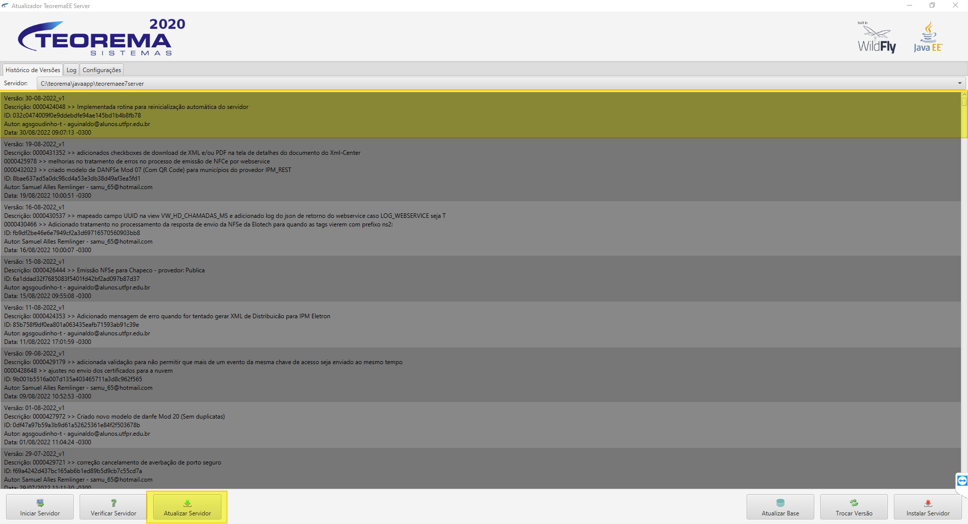 Atualizador do Servidor NF-e exibindo log de atualização com mensagens de download e instalação de componentes