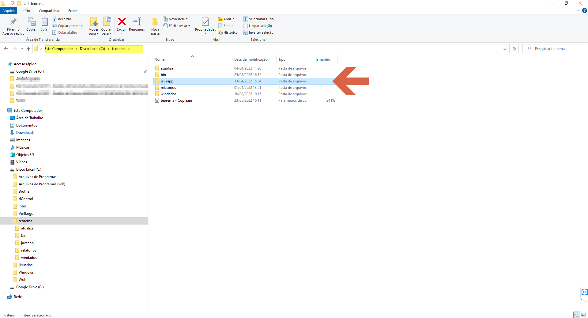 Windows Explorer exibindo o conteúdo de C:\teorema com a pasta javaapp selecionada