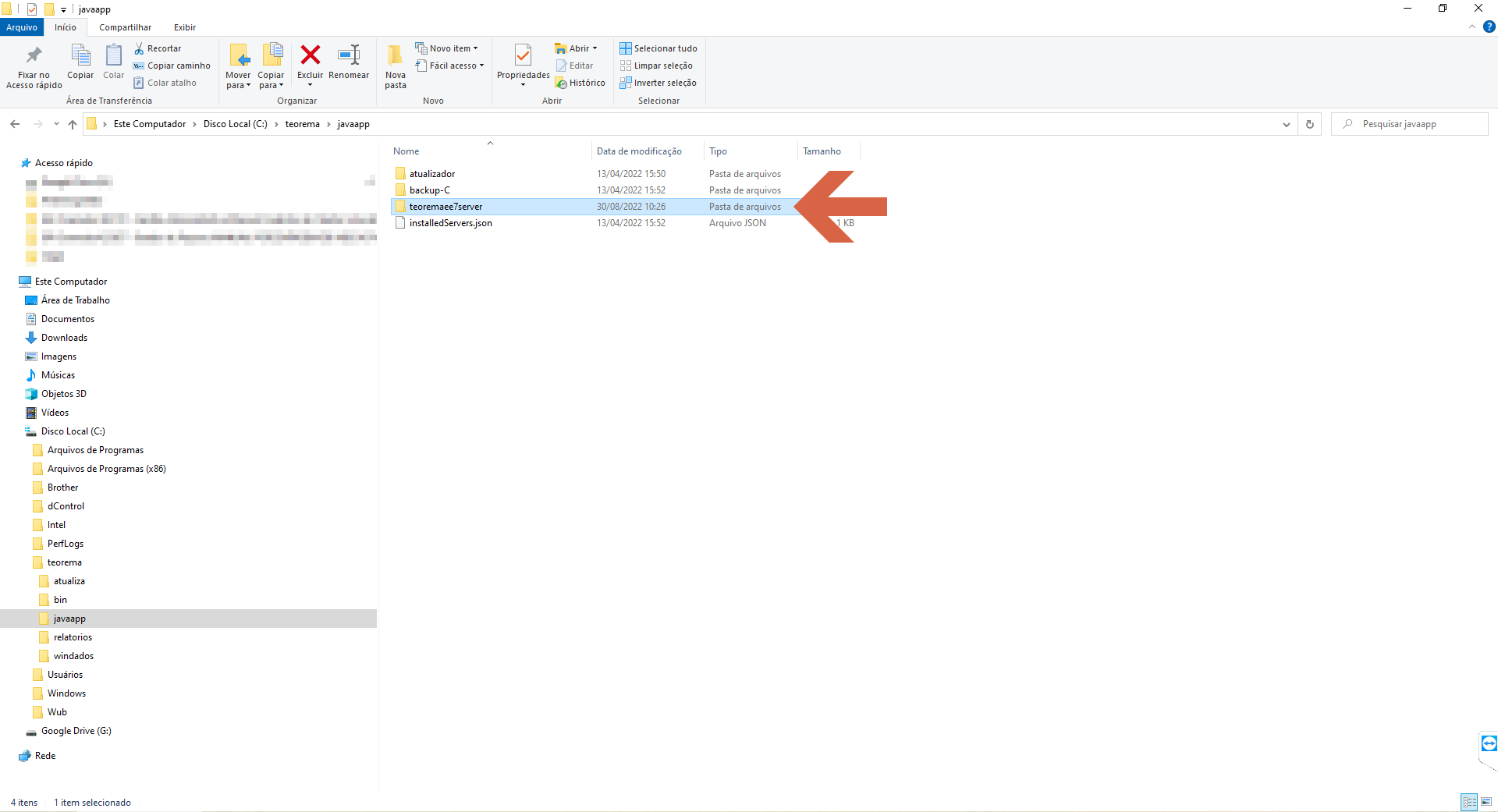 Windows Explorer exibindo o conteúdo de C:\teorema\javaapp com a pasta teoremaee7server selecionada