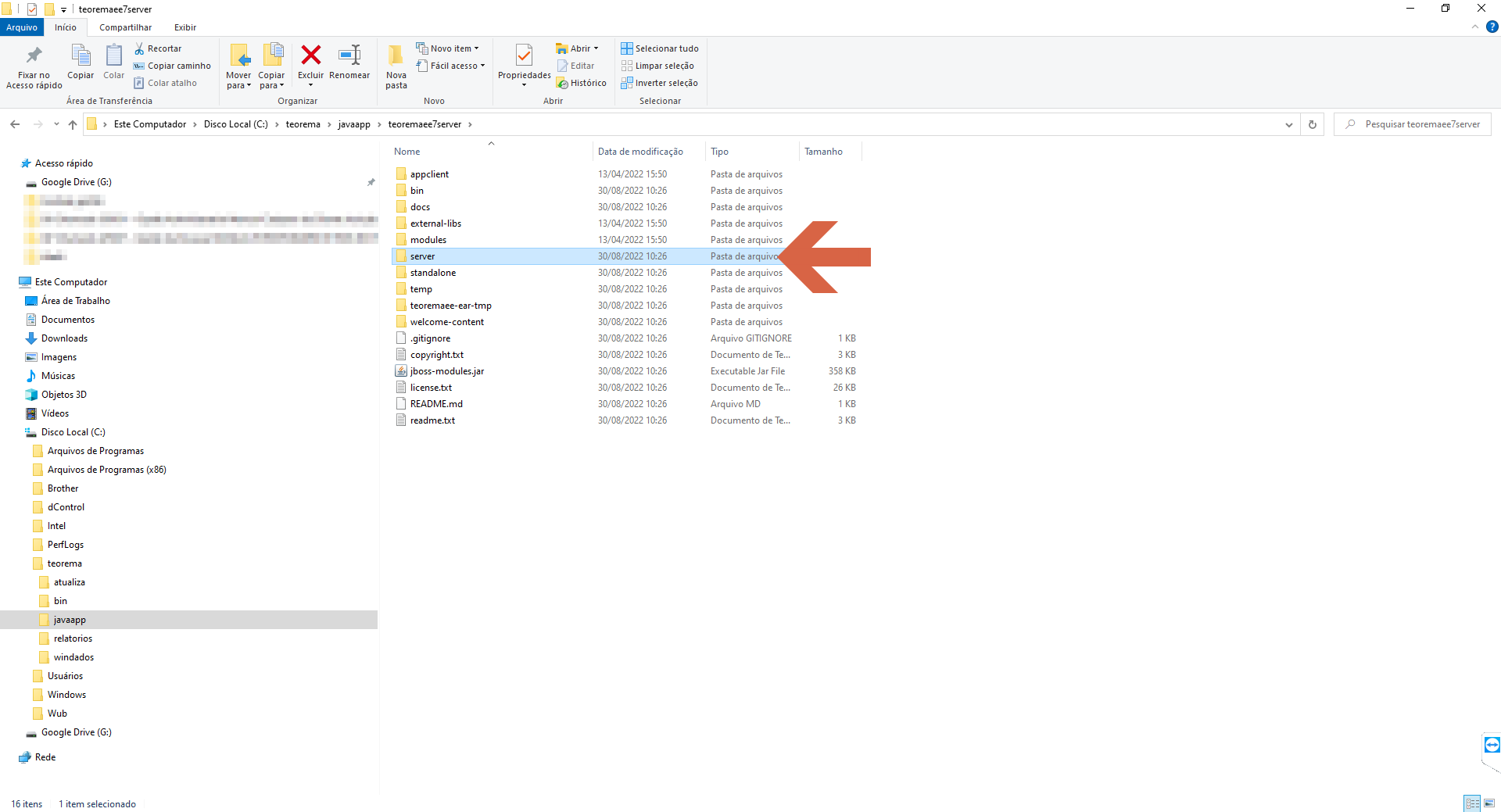 Windows Explorer exibindo o conteúdo de C:\teorema\javaapp\teoremaee7server com a pasta server selecionada