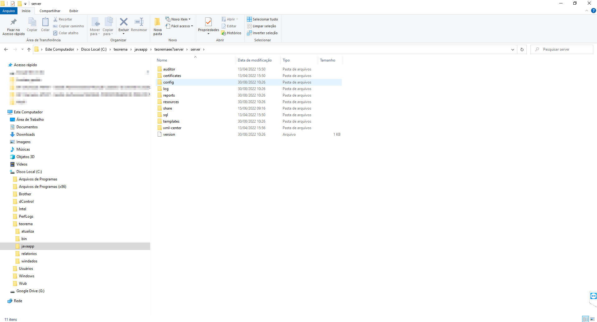 Windows Explorer exibindo o conteúdo de C:\teorema\javaapp\teoremaee7server\server com a pasta config selecionada