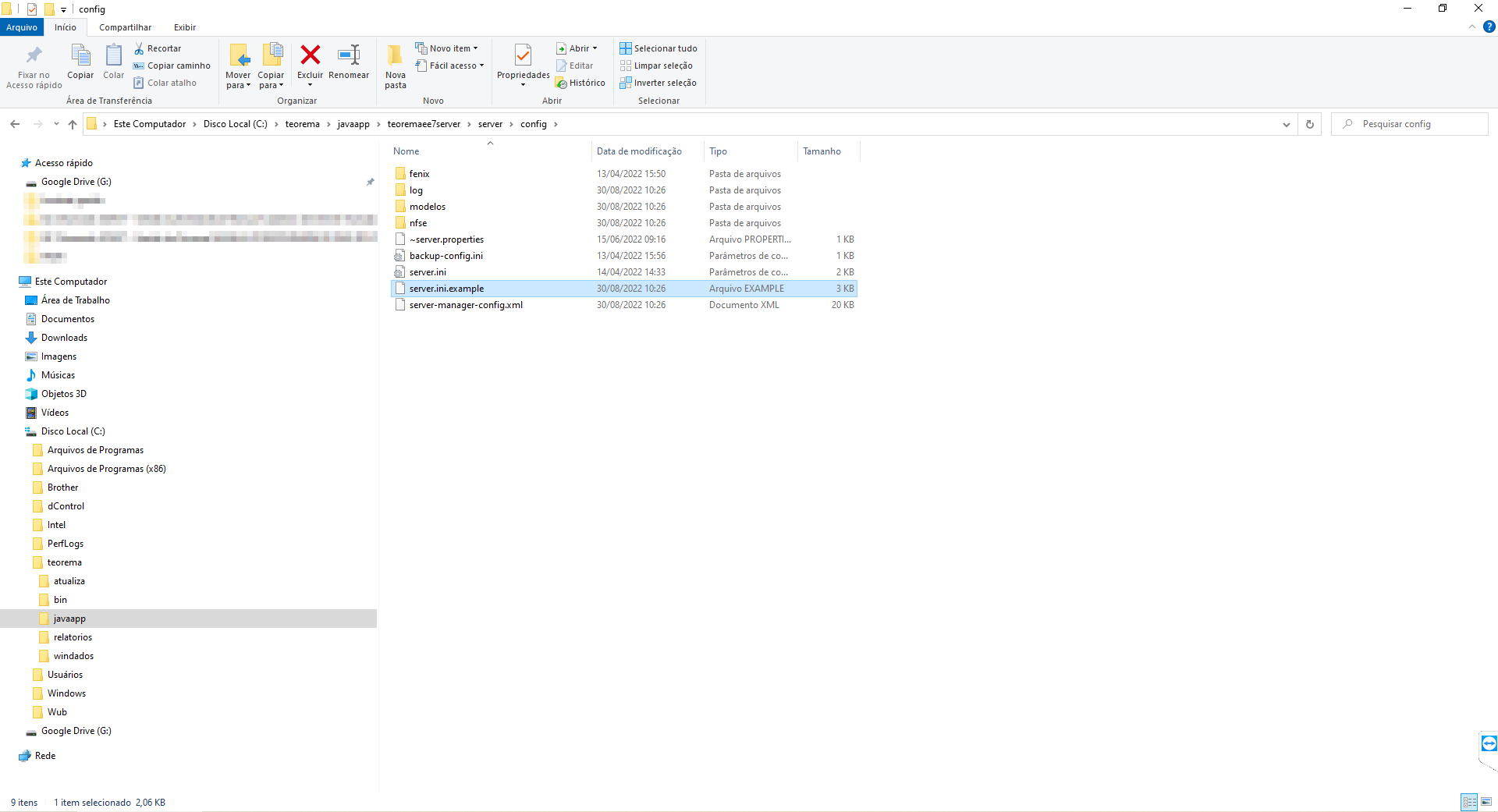 Windows Explorer exibindo o conteúdo de C:\teorema\javaapp\teoremaee7server\server\config com o arquivo server.ini.example selecionado