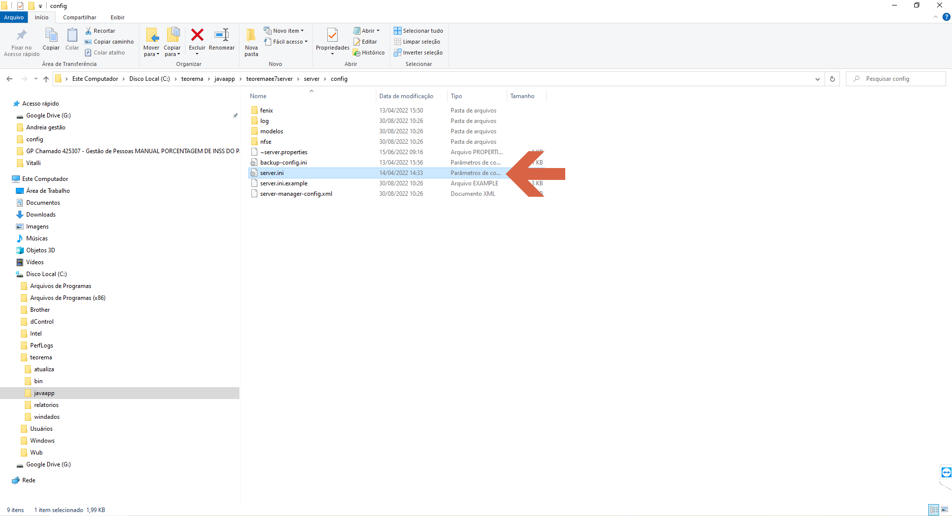 Windows Explorer exibindo o conteúdo de C:\teorema\javaapp\teoremaee7server\server\config com o arquivo server.ini selecionado