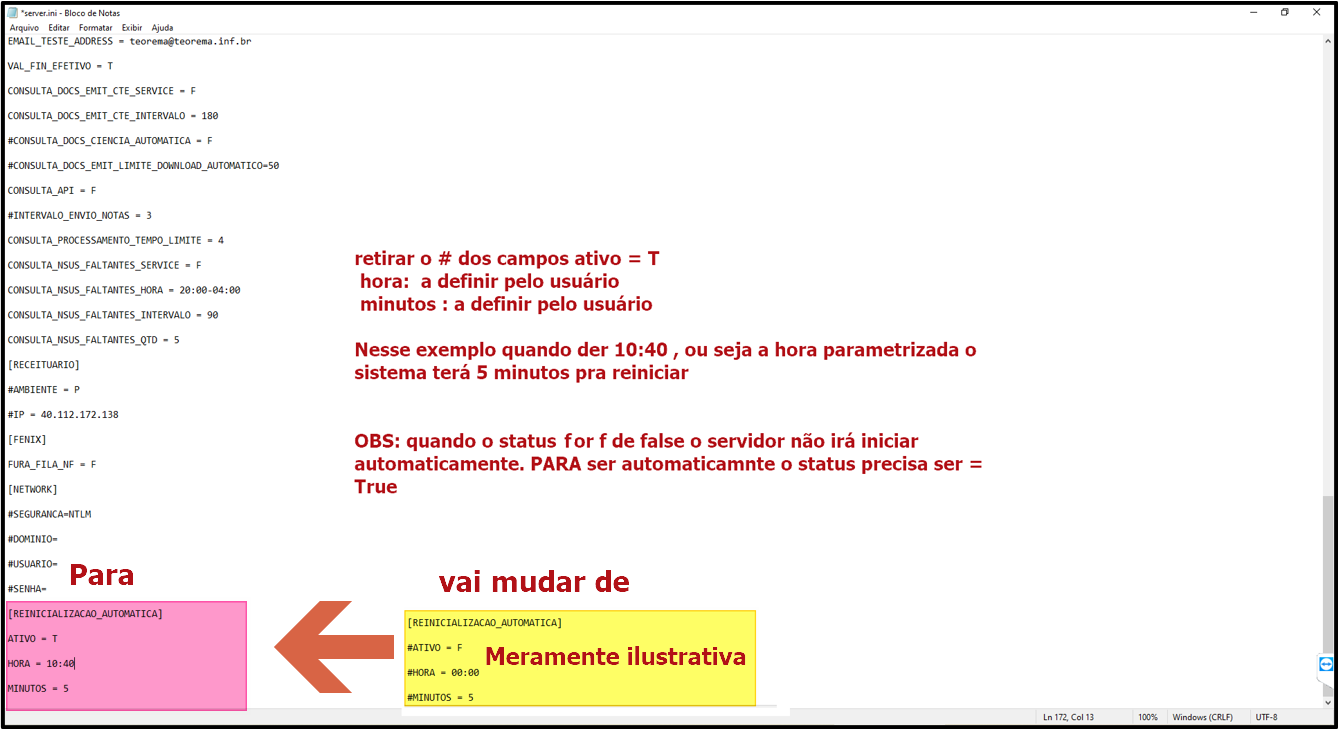 Arquivo server.ini no Bloco de Notas com anotações indicando que o # deve ser removido dos campos ATIVO, HORA e MINUTOS, e que os valores de hora e minutos devem ser definidos pelo usuário; exemplo mostra ATIVO = T, HORA = 10:40 e MINUTOS = 5