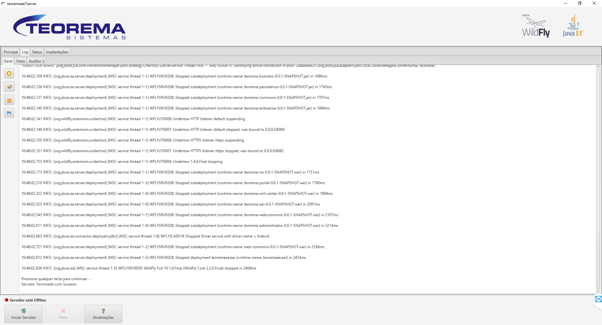 Tela do aplicativo teoremaee7server na aba Log com o indicador "Servidor está Offline" na barra inferior e log exibindo mensagens de encerramento dos serviços