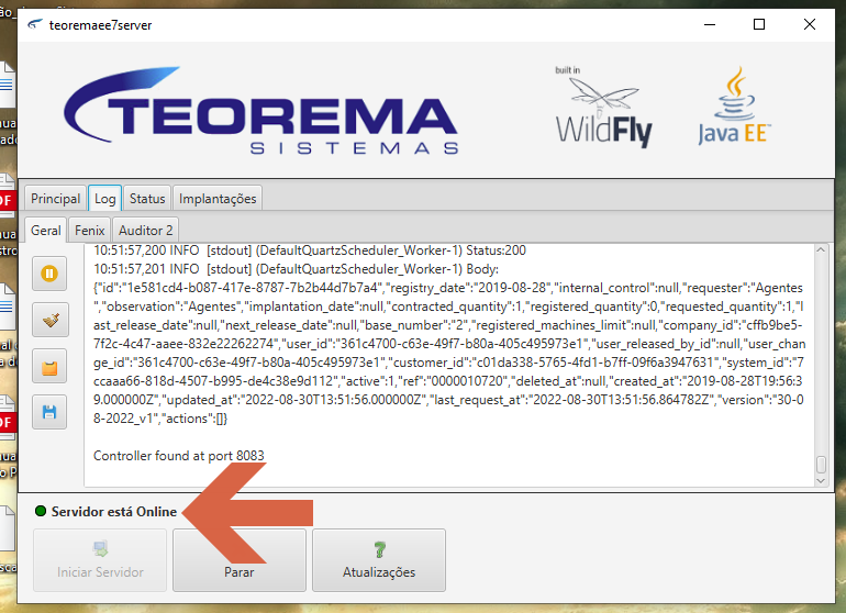 Tela do aplicativo teoremaee7server na aba Log exibindo mensagens de inicialização dos serviços e o indicador "Servidor está Online" na barra inferior