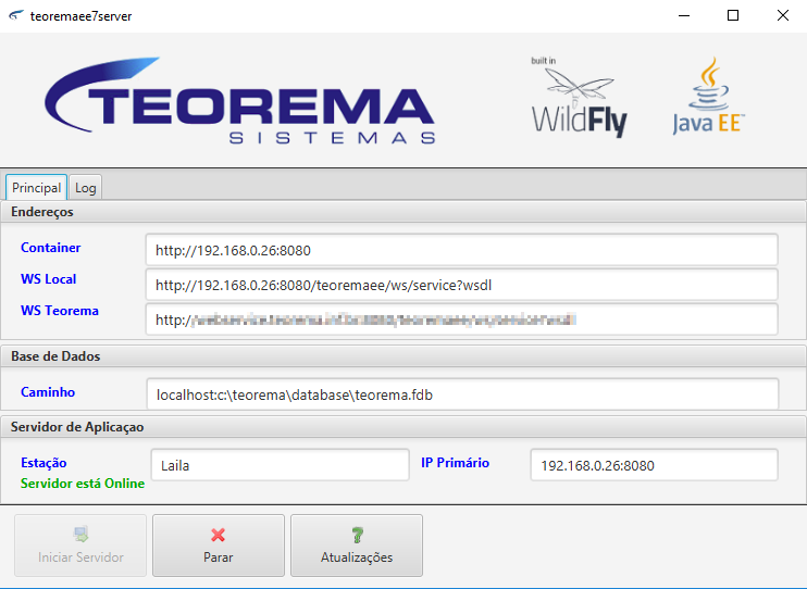 Tela do servidor Teorema com abas Principal e Log, seções Endereços (Container, WS Local, WS Teorema), Base de Dados (Caminho) e Servidor de Aplicação (Estação, IP Primário), status "Servidor está Online" e botões Iniciar Servidor, Parar e Atualizações