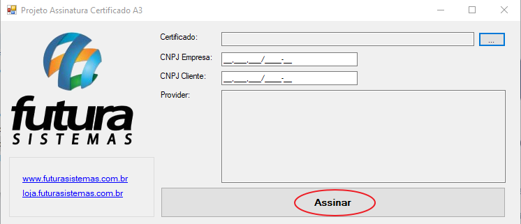 Tela "Projeto Assinatura Certificado A3" com botão Assinar destacado e campos Certificado, CNPJ Empresa, CNPJ Cliente e área Provider