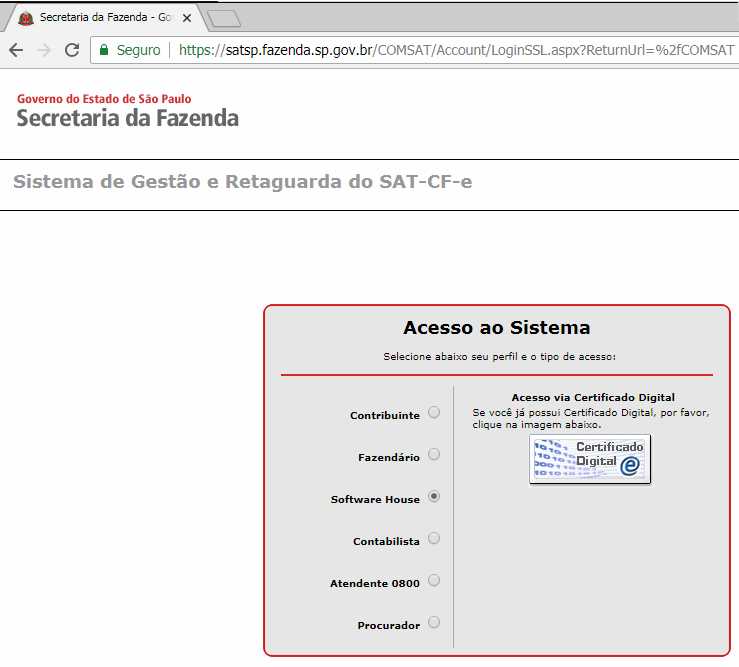 Portal COMSAT da Secretaria da Fazenda do Estado de São Paulo — tela "Acesso ao Sistema" com opções de perfil (Contribuinte, Fazendário, Software House, Contabilista, Atendente 0800, Procurador) e botão de acesso via Certificado Digital