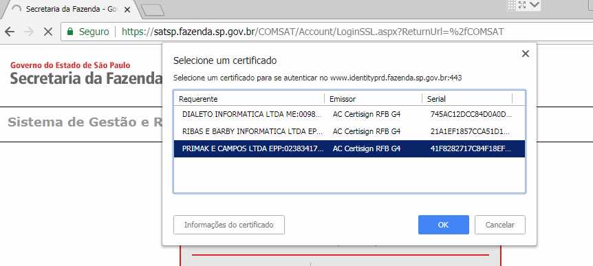 Diálogo "Selecione um certificado" no portal COMSAT exibindo lista de requerentes com colunas Requerente, Emissor e Serial, com o certificado da Primak selecionado e botões Informações do certificado, OK e Cancelar