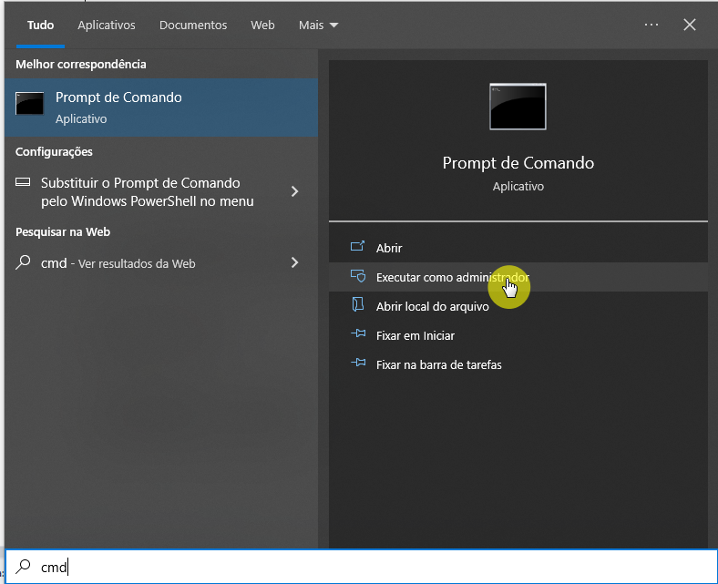 Menu Iniciar do Windows com a pesquisa "cmd" e o painel lateral mostrando a opção Executar como administrador destacada