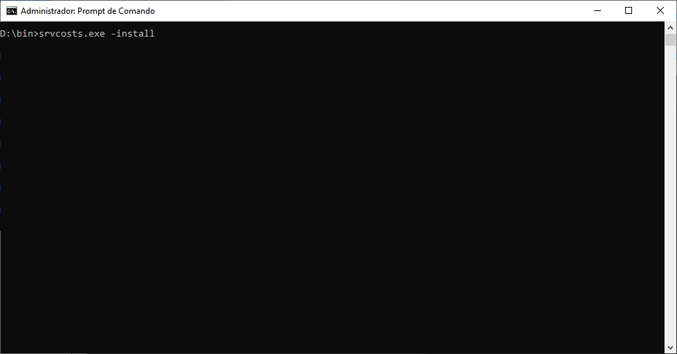 Prompt de Comando (Administrador) com o comando D:\bin>srvcosts.exe -install digitado
