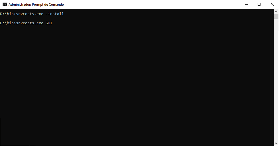 Prompt de Comando (Administrador) com os dois comandos executados: srvcosts.exe -install e srvcosts.exe GUI